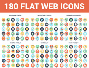 Vector set of 180 flat web icons on following themes - files and documents, power and energy, message bubbles, leisure and tourism, light bulbs, brain process