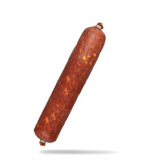 Slices of sausage salami on white background  flying concept