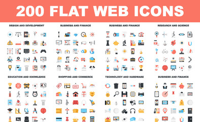 200 Flat web icons - design and development, business and finance, research and science, education and knowledge, shopping and commerce, technology and hardware