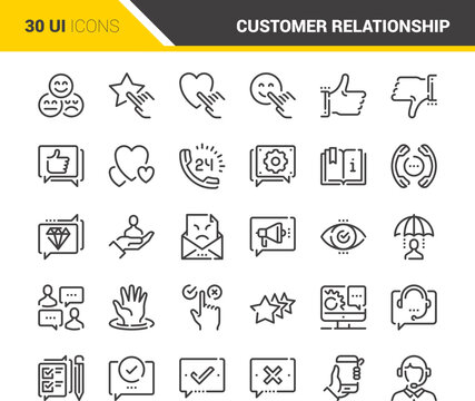 Vector set of customer relationship management flat line web icons. Each icon with adjustable strokes neatly designed on pixel perfect 48X48 size grid. Fully editable and easy to use.