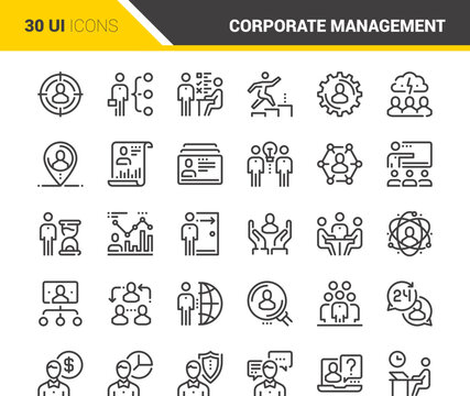 Vector Set Of Corporate Management Flat Line Web Icons. Each Icon With Adjustable Strokes Neatly Designed On Pixel Perfect 48X48 Size Grid. Fully Editable And Easy To Use.