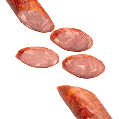 Slices of sausage salami on white background  flying concept