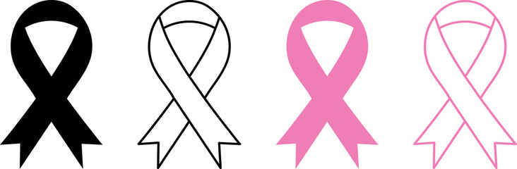 Set of awareness ribbon icon. Black and pink colors. Vector illustration
