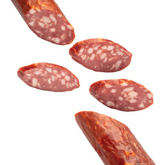 Slices of sausage salami on white background  flying concept