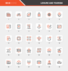 Vector set of leisure and tourism flat line web icons. Each icon with adjustable strokes neatly designed on pixel perfect 48X48 size grid. Fully editable and easy to use.