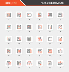 Vector set of files and documents flat line web icons. Each icon with adjustable strokes neatly designed on pixel perfect 48X48 size grid. Fully editable and easy to use.