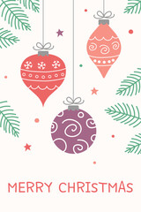 Colourful hanging Christmas baubles. Greeting card with decorations. Vector illustration