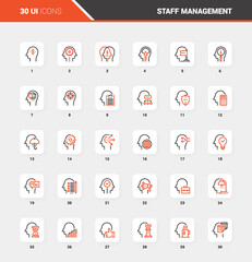 Vector set of business and staff management flat line web icons. Each icon with adjustable strokes neatly designed on pixel perfect 48X48 size grid. Fully editable and easy to use.