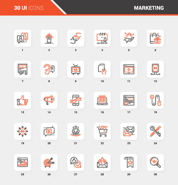 Vector set of marketing and advertising flat line web icons. Each icon with adjustable strokes neatly designed on pixel perfect 48X48 size grid. Fully editable and easy to use.