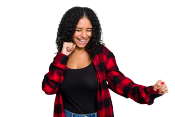 Young cute brazilian woman isolated dancing and having fun.