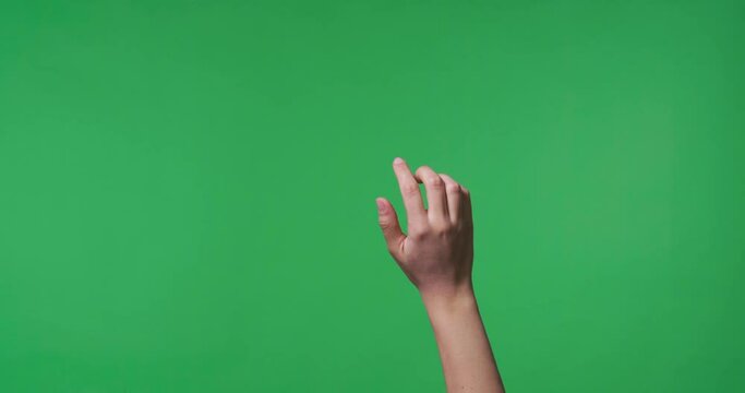 Set of female hands gestures touching, clicking, tapping, sliding, dragging and swiping  to virtual screen on chroma key background, closeup