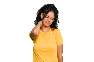 Young cute brazilian woman isolated having a neck pain due to stress, massaging and touching it with hand.
