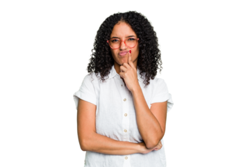 Young cute brazilian woman isolated unhappy looking in camera with sarcastic expression.