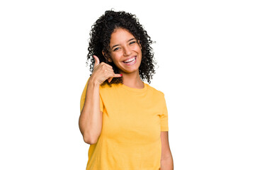 Fototapeta na wymiar Young cute brazilian woman isolated showing a mobile phone call gesture with fingers.