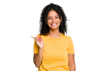 Young cute brazilian woman isolated smiling cheerfully pointing with forefinger away.