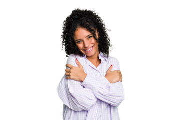 Young cute brazilian woman isolated hugs, smiling carefree and happy.