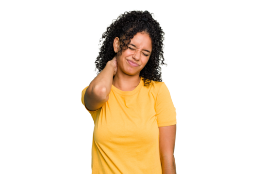 Young cute brazilian woman isolated having a neck pain due to stress, massaging and touching it with hand.