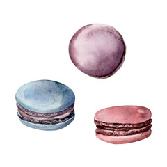 Macaron. Watercolor. Set. Illustration for clipart. Designed for menus, culinary blogs, packaging, textiles, web design, sites, stickers, invitations, patterns, logos. Drawn by hand.