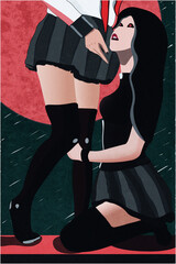 Illustration two girls under pink moon