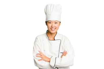 Young asian cook woman isolated laughing and having fun.