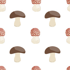 Seamless pattern with retro mushrooms. Edible and fly agaric magic mushrooms. Cartoon baby nursery background.