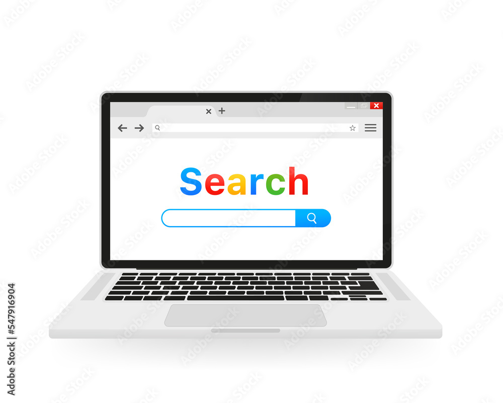 Poster a laptop computer with a search engine on the screen. searching the internet and finding information