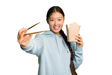 Young asian woman eating takeaway ramen isolated