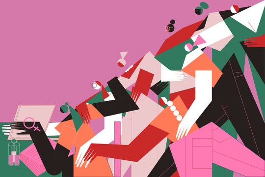 Group of diverse women support and empower themselves through science and technology. STEM Revolution concept illustration.