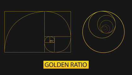 Abstract illustration with golden ratio on black background. Art gold. Spiral pattern. Line drawing. Vector illustration