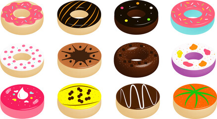 Donuts set various glaze illustration isolated on white background