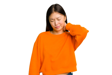 Young Asian woman isolated suffering neck pain due to sedentary lifestyle.
