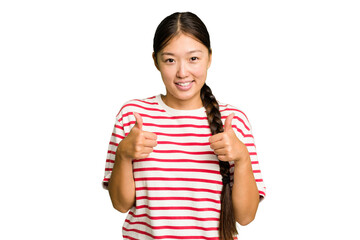 Young Asian woman isolated smiling and raising thumb up