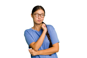 Young Asian woman isolated confused, feels doubtful and unsure.