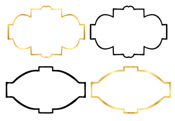 Linear hand drawn frames and wreaths, black and gold. Festive frame for invitation, wedding cards, monogram. linear geometric frame, golden frame, floral border and wreath