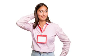 Young caucasian woman with a badge isolated touching back of head, thinking and making a choice.
