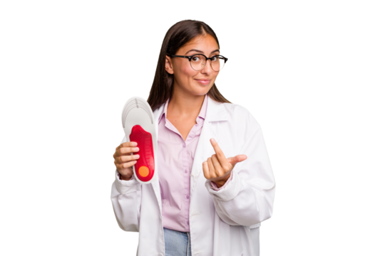 Young caucasian podiatrist woman isolated pointing with finger at you as if inviting come closer.