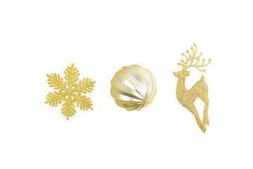 Christmas ornament, ball, reindeer, snowflake with a gold color, objects isolated with clipping path on white background, PNG file