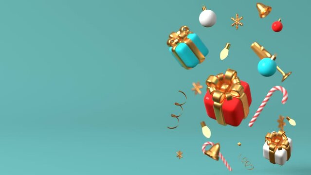 Christmas decor stops in the air and spins 3D 4K looped animation with copy space