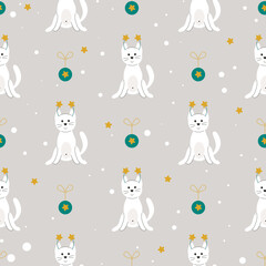 Cats christmas drawn seamless pattern. Cute festive New Year background with pets. Funny cats stars and snow winter print. Design for textiles, paper, packaging vector illustration