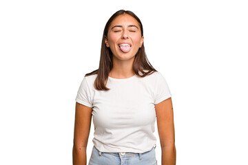 Young cute caucasian woman isolated funny and friendly sticking out tongue.