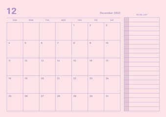 December 2022 simple design digital and printable calendar template illustration. Notes, scheduler, diary, calendar, memo, planner document template background. 