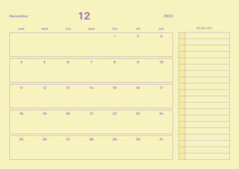 December 2022 simple design digital and printable calendar template illustration. Notes, scheduler, diary, calendar, memo, planner document template background. 