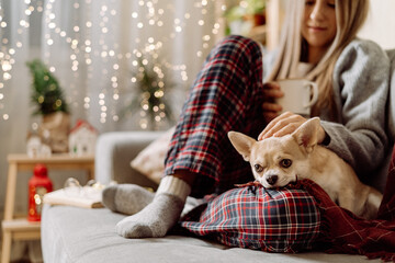 Cozy woman in knitted winter warm socks and sweater with sleeping dog and checkered plaid holding a...
