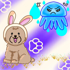 a dog wearing rabbit hat and jellyfish