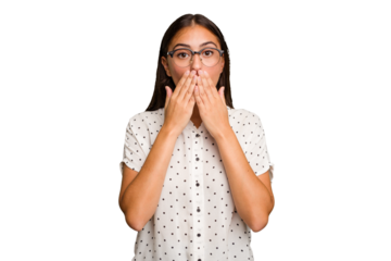 Young cute caucasian woman isolated shocked, covering mouth with hands, anxious to discover something new.
