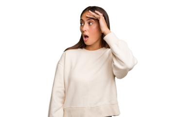 Young cute caucasian woman isolated looking far away keeping hand on forehead.