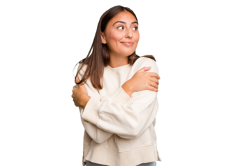 Young cute caucasian woman isolated hugs, smiling carefree and happy.