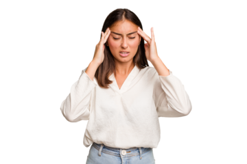 Young cute caucasian woman isolated touching temples and having headache.