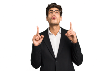 Young caucasian business man isolated pointing upside with opened mouth.