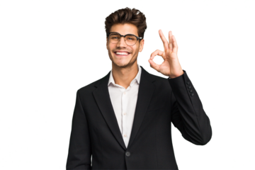Young caucasian business man isolated cheerful and confident showing ok gesture.
